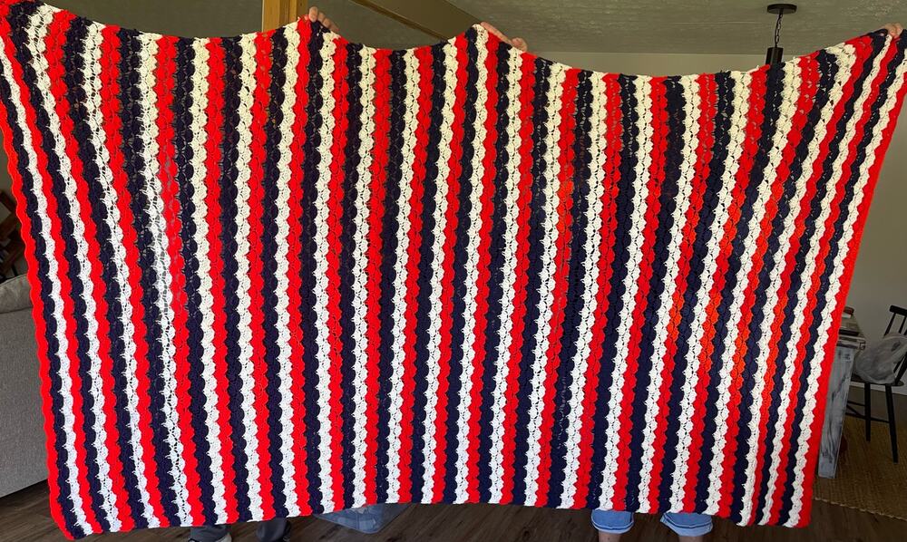 Red White & Blue Crocheted Blanket Afghan Approx 8’x4’ Patriotic 4th of July
